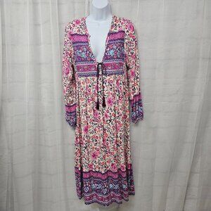 Foremode Dress Pink Purple Peasant Midi Floral Boho Hippie Festival Retro M